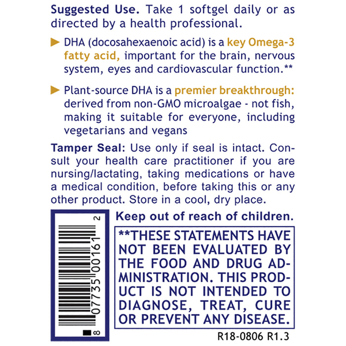 DHA, Premier  Dietary Supplement Plant-Source DHA Premier Support for the Brain, Nerves, Eyes and Heart