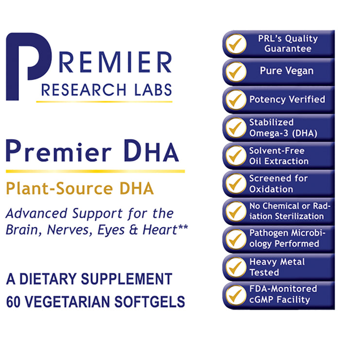 DHA, Premier  Dietary Supplement Plant-Source DHA Premier Support for the Brain, Nerves, Eyes and Heart