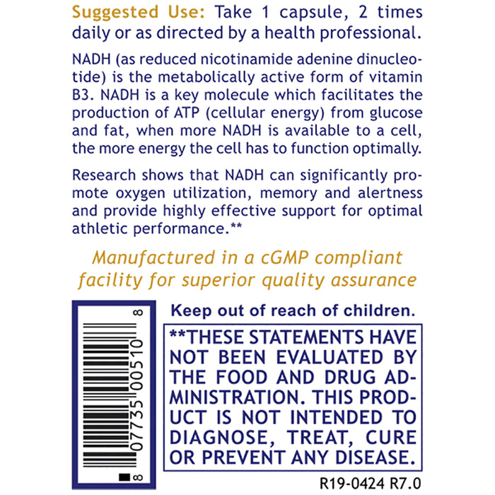 NADH, Premier  Dietary Supplement NADH Performance Formula Advanced Brain and Memory Support