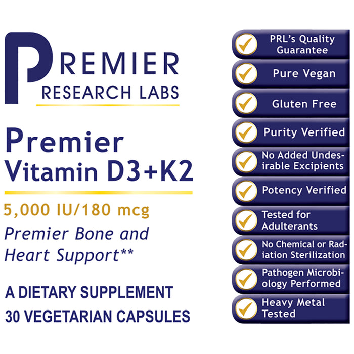 Premier Vitamin D3+K2 (30 Caps)  Dietary Supplement  5,000 IU/180 mcg Premier Bone and Heart Support