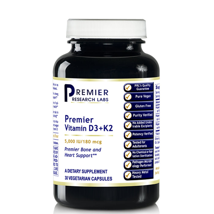 Premier Vitamin D3+K2 (30 Caps)  Dietary Supplement  5,000 IU/180 mcg Premier Bone and Heart Support