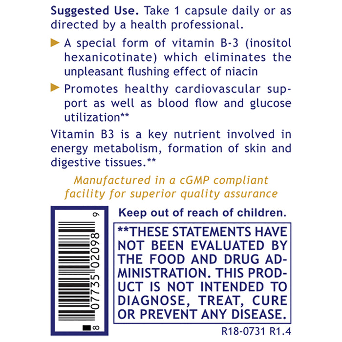Niacin, Premier  (No Flush)   Dietary Supplement Vitamin B3 as Inositol Hexanicotinate