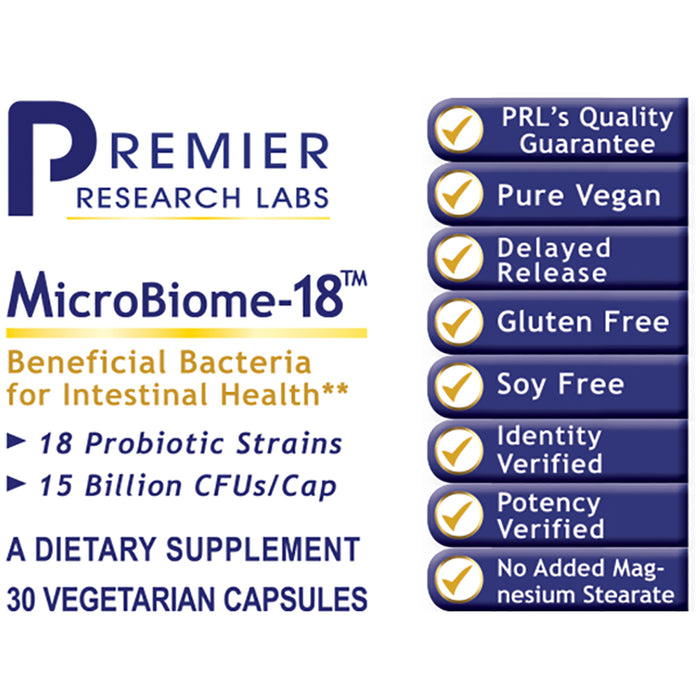MicroBiome-18™  Dietary Supplement  Beneficial Bacteria for Intestinal Health 18 Probiotic Strains, 15 Billion CFUs/Cap Supports Digestive Health